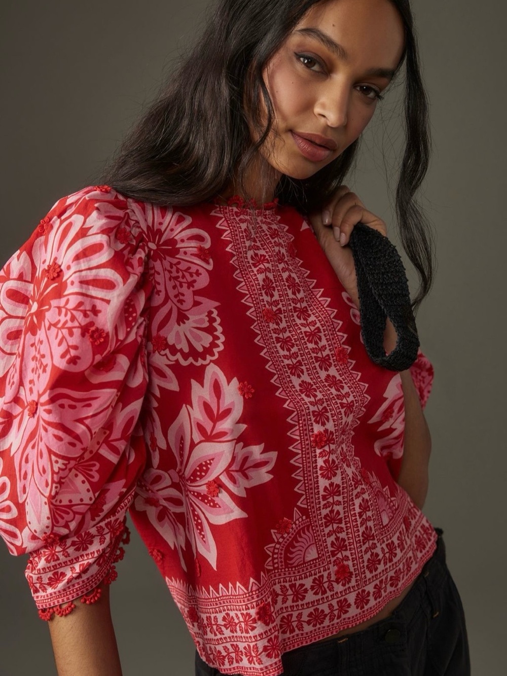 Farm Rio Flora Tapestry Blouse Puff Sleeve Peasant Boho Statement Bold Red XS